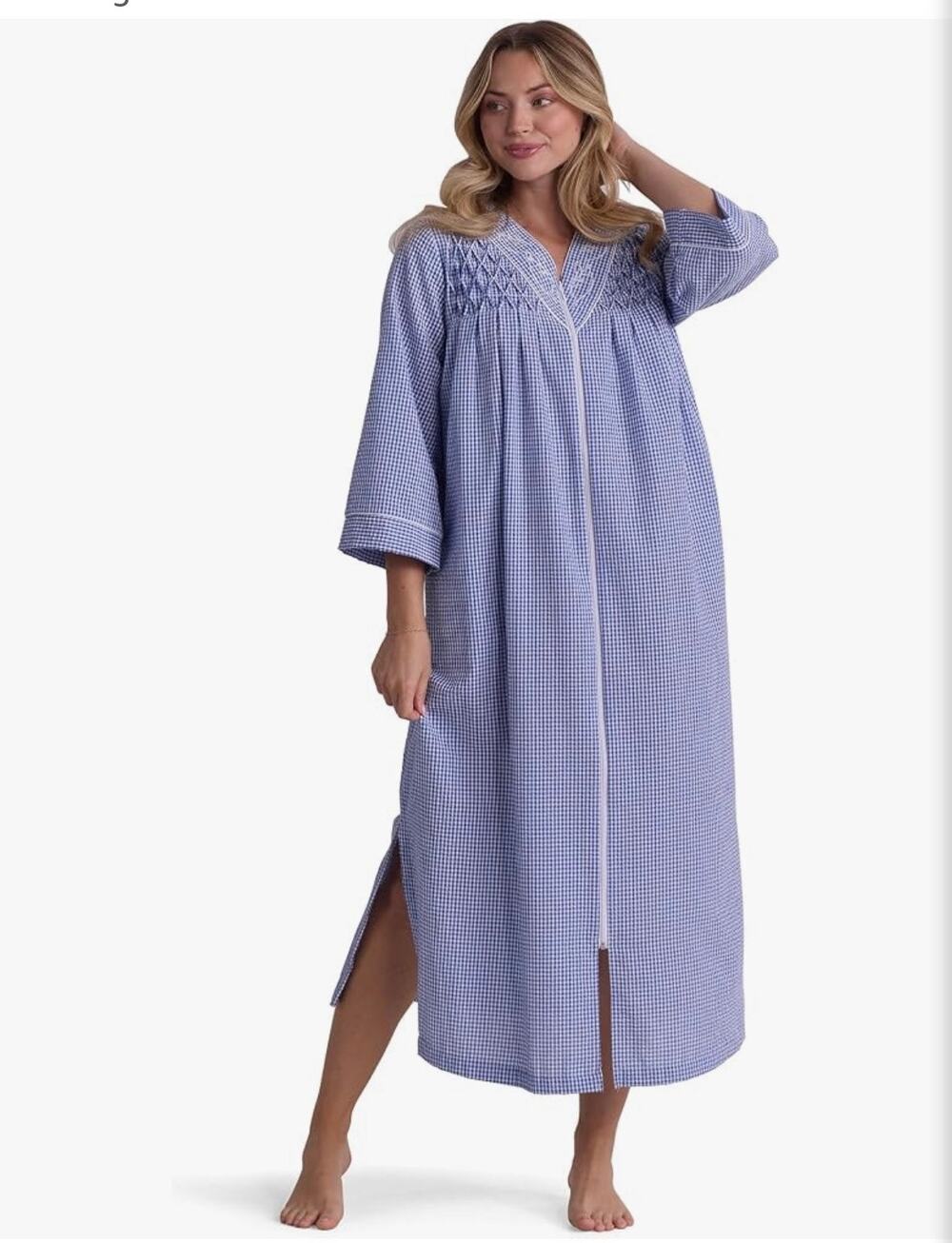 Miss Elaine Woman Plus Size 3X Blue White Gingham Seersucker Zip Front Robe